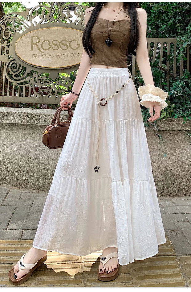 Boho Summer Cotton-Linen Midi Skirt: Flowy A-Line Pleated Long Skirt with Slimming Fit & Hip-Hiding Design for Resort Vacations