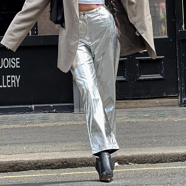 Silver Summer Straight Women's Pants PU Clothing Solid Casual Pocket Trousers Streetwear Fashion High Waist Ankle-Length Pants