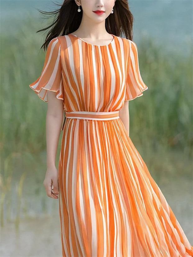 Orange Striped Dress With A Goddess Like Temperament And A Sense Of Luxury Waist Cinching Dress For Women In Summer Short Sleeve