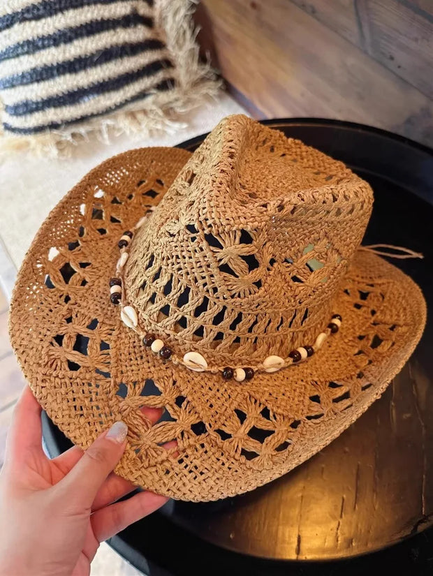 Summer with Shell Beach Hat Women Western Cowboy Hat Wide Brim Sunscreen Sun Hats for Outdoor Breathable Hand-Woven Straw Panama