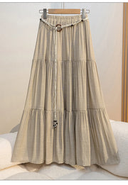 Boho Summer Cotton-Linen Midi Skirt: Flowy A-Line Pleated Long Skirt with Slimming Fit & Hip-Hiding Design for Resort Vacations