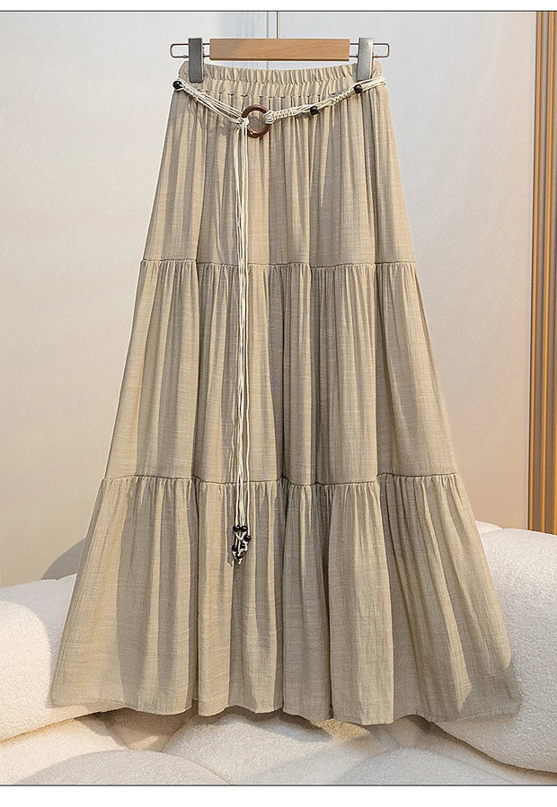 Boho Summer Cotton-Linen Midi Skirt: Flowy A-Line Pleated Long Skirt with Slimming Fit & Hip-Hiding Design for Resort Vacations