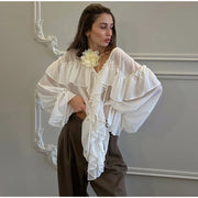Mesh Sheer Shirt Women Elegant Pleated Layered Deep V Neck Flare Sleeve Pullover Blouse Female 2025 New Commute High Streetwears