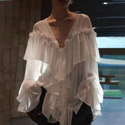 Mesh Sheer Shirt Women Elegant Pleated Layered Deep V Neck Flare Sleeve Pullover Blouse Female 2025 New Commute High Streetwears