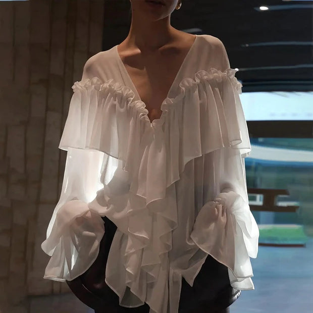 Mesh Sheer Shirt Women Elegant Pleated Layered Deep V Neck Flare Sleeve Pullover Blouse Female 2025 New Commute High Streetwears