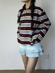 Summer Polo Shirts Woman Long Sleeve Crop Top Color Block Green Stripe Print Polo Shirts Mujer Casual Tops Striped Brown Autumn