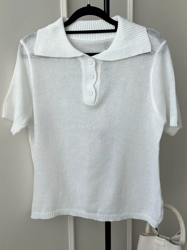 Summer Knitted Polo T Shirt Women Pink Short Puff Sleeve Top Knit Tees White Thin Women's T-shirt Simple Summer Tops For Woman