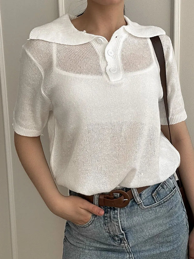 Summer Knitted Polo T Shirt Women Pink Short Puff Sleeve Top Knit Tees White Thin Women's T-shirt Simple Summer Tops For Woman