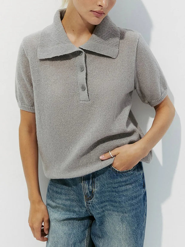 Summer Knitted Polo T Shirt Women Pink Short Puff Sleeve Top Knit Tees White Thin Women's T-shirt Simple Summer Tops For Woman