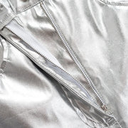 Silver Summer Straight Women's Pants PU Clothing Solid Casual Pocket Trousers Streetwear Fashion High Waist Ankle-Length Pants