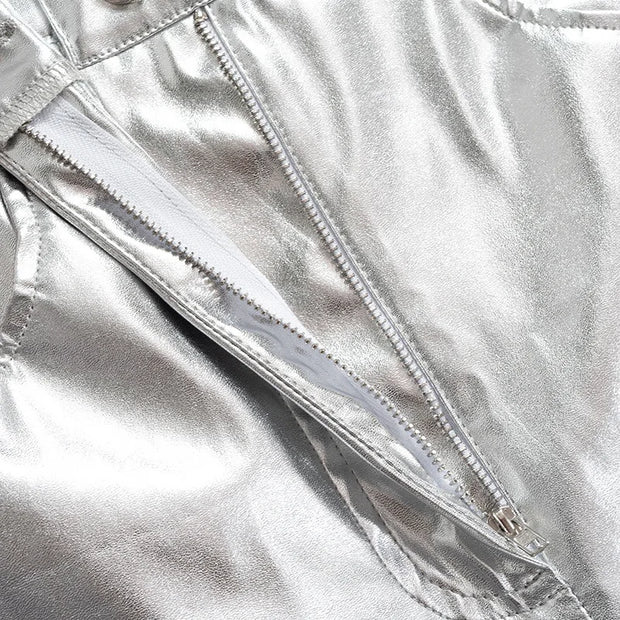 Silver Summer Straight Women's Pants PU Clothing Solid Casual Pocket Trousers Streetwear Fashion High Waist Ankle-Length Pants