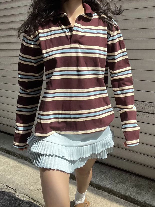 Summer Polo Shirts Woman Long Sleeve Crop Top Color Block Green Stripe Print Polo Shirts Mujer Casual Tops Striped Brown Autumn