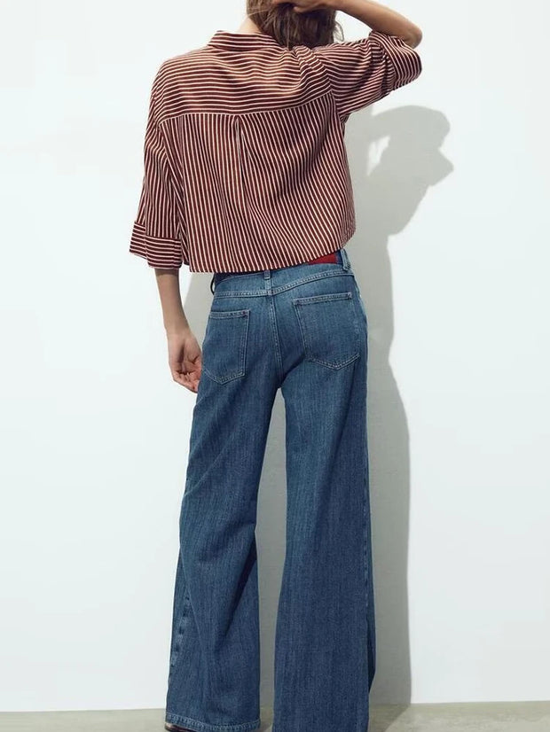 Street Sle mat Casual irt Women's Summer 2025 Wide Sve Turn-down Collar Versatile Polyester Fiber Six Sve Le...