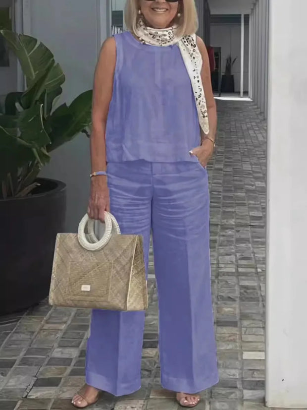 Summer Linen 2 Piece Set Women Casual Solid 2 Piece Outfit Sleeveless Blouse Tops Wide Leg Pants Suit Women Street Wear Sets