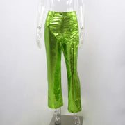 Silver Summer Straight Women's Pants PU Clothing Solid Casual Pocket Trousers Streetwear Fashion High Waist Ankle-Length Pants