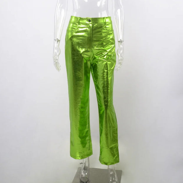 Silver Summer Straight Women's Pants PU Clothing Solid Casual Pocket Trousers Streetwear Fashion High Waist Ankle-Length Pants
