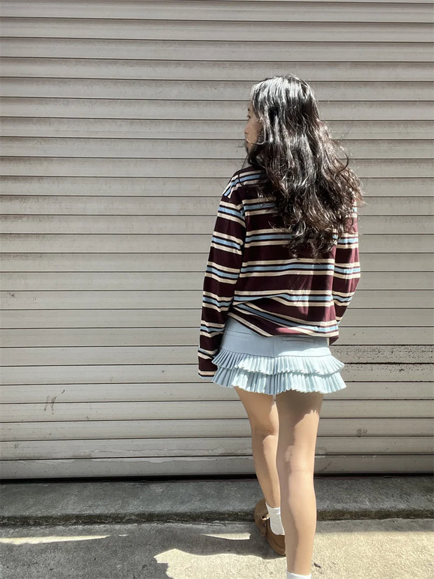 Summer Polo Shirts Woman Long Sleeve Crop Top Color Block Green Stripe Print Polo Shirts Mujer Casual Tops Striped Brown Autumn