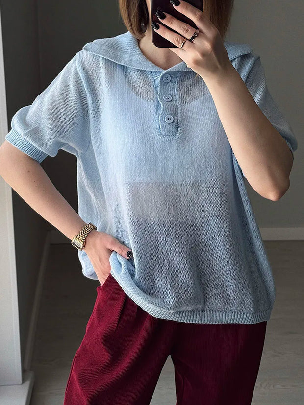 Summer Knitted Polo T Shirt Women Pink Short Puff Sleeve Top Knit Tees White Thin Women's T-shirt Simple Summer Tops For Woman
