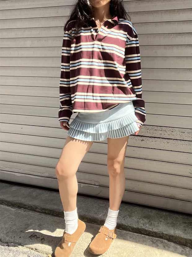 Summer Polo Shirts Woman Long Sleeve Crop Top Color Block Green Stripe Print Polo Shirts Mujer Casual Tops Striped Brown Autumn