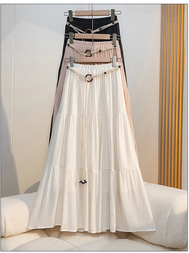 Boho Summer Cotton-Linen Midi Skirt: Flowy A-Line Pleated Long Skirt with Slimming Fit & Hip-Hiding Design for Resort Vacations