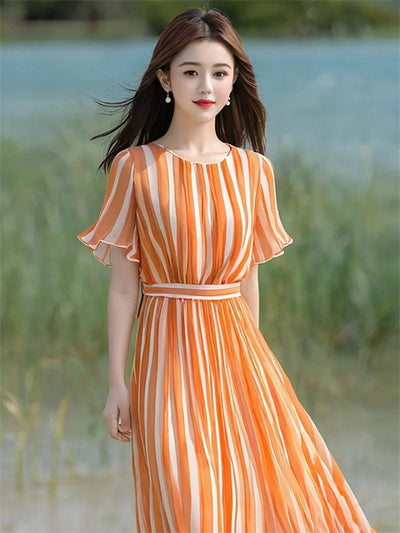 Orange Striped Dress With A Goddess Like Temperament And A Sense Of Luxury Waist Cinching Dress For Women In Summer Short Sleeve