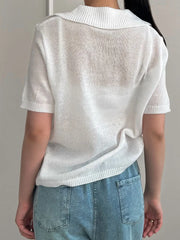 Summer Knitted Polo T Shirt Women Pink Short Puff Sleeve Top Knit Tees White Thin Women's T-shirt Simple Summer Tops For Woman