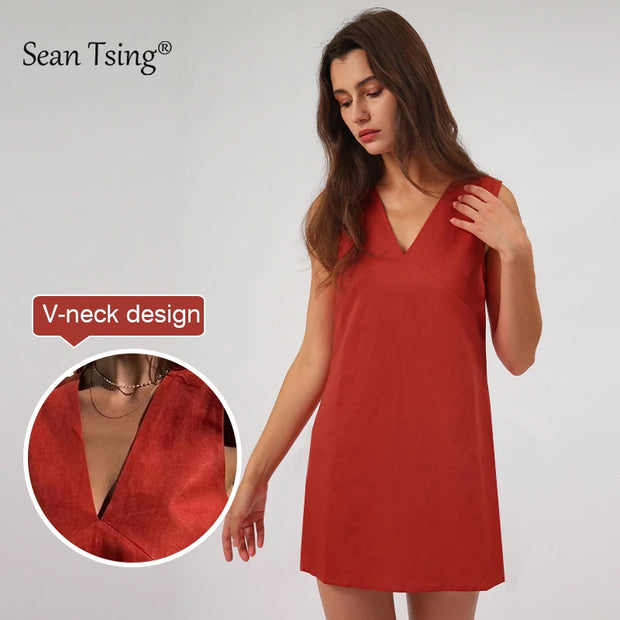 2025 Linen Summer Women Dresses Sexy V-Neck Sleeveless Basic Tank Dress Elegant Party Dresses Chic Boho Red Sundress