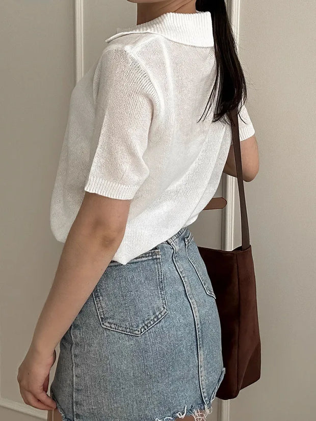Summer Knitted Polo T Shirt Women Pink Short Puff Sleeve Top Knit Tees White Thin Women's T-shirt Simple Summer Tops For Woman