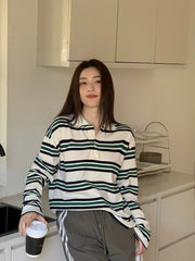 Summer Polo Shirts Woman Long Sleeve Crop Top Color Block Green Stripe Print Polo Shirts Mujer Casual Tops Striped Brown Autumn