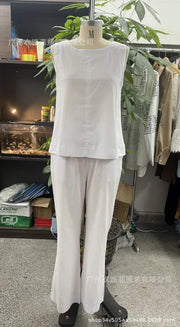 Summer Linen 2 Piece Set Women Casual Solid 2 Piece Outfit Sleeveless Blouse Tops Wide Leg Pants Suit Women Street Wear Sets