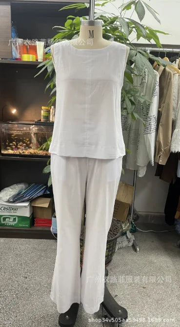 Summer Linen 2 Piece Set Women Casual Solid 2 Piece Outfit Sleeveless Blouse Tops Wide Leg Pants Suit Women Street Wear Sets