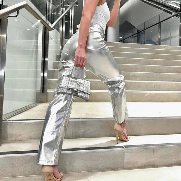 Silver Summer Straight Women's Pants PU Clothing Solid Casual Pocket Trousers Streetwear Fashion High Waist Ankle-Length Pants