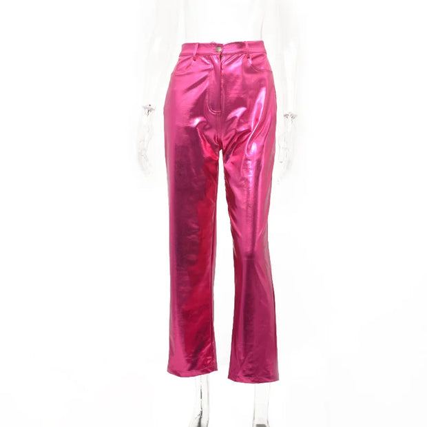 Silver Summer Straight Women's Pants PU Clothing Solid Casual Pocket Trousers Streetwear Fashion High Waist Ankle-Length Pants
