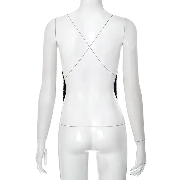 2025 Summer Silver Sparkling Camisole Fashion Sexy Hot Girls Sequins V-Neck Hanging Neck Backless Top Y2k Party Looks Top Women