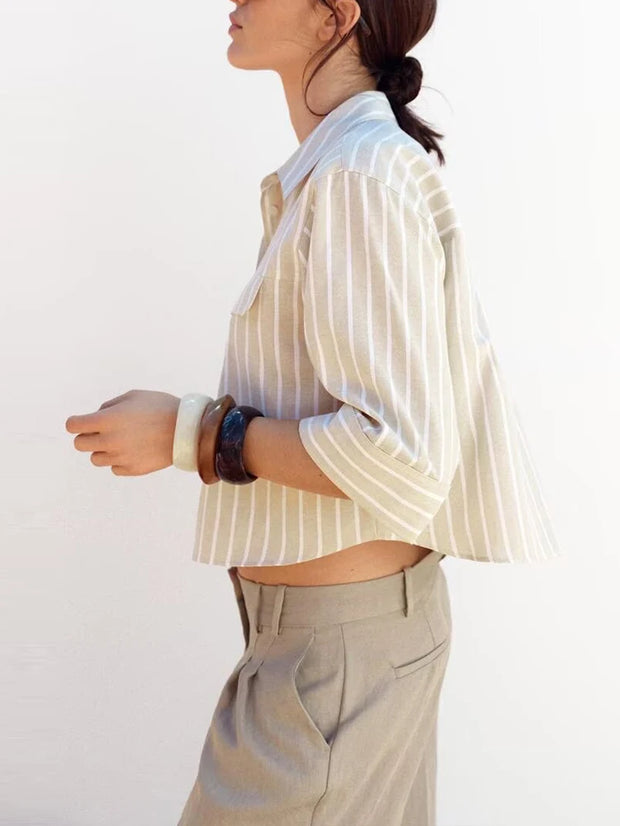 Street Sle mat Casual irt Women's Summer 2025 Wide Sve Turn-down Collar Versatile Polyester Fiber Six Sve Le...
