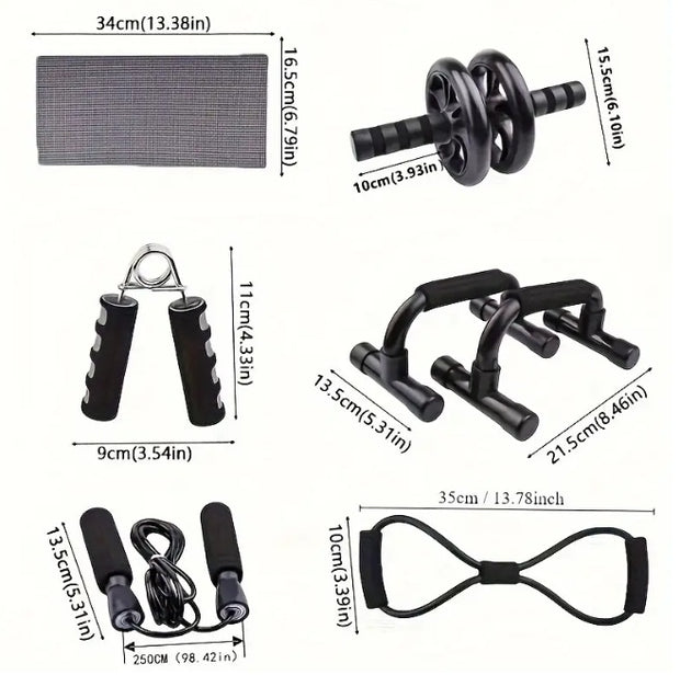 Seven-piece Fitness Set For Small Home Use, Skipping Rope, Grip Strengthener, Push-ups, Abdominal Wheel, Muscle - Portable Equipment For Muscle Strengthening, Core Workout For Men And Women